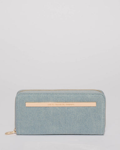 Blue Denim Nina Embossed Plate Zip Around Wallet