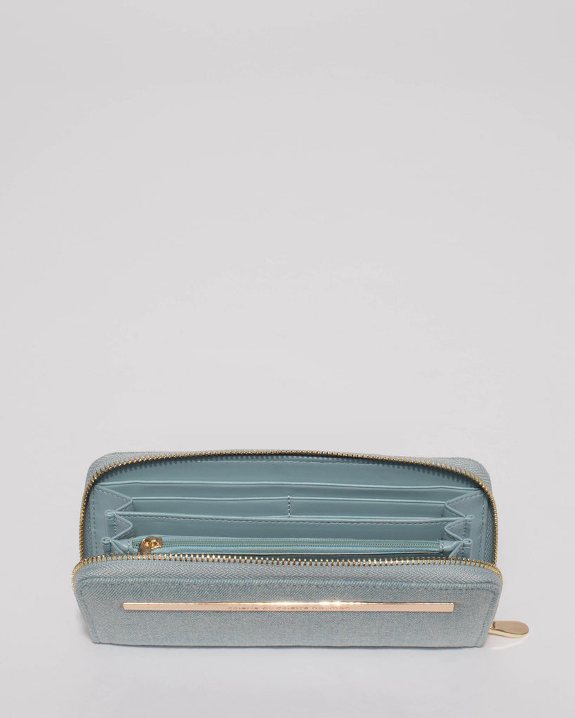 Blue Denim Nina Embossed Plate Zip Around Wallet