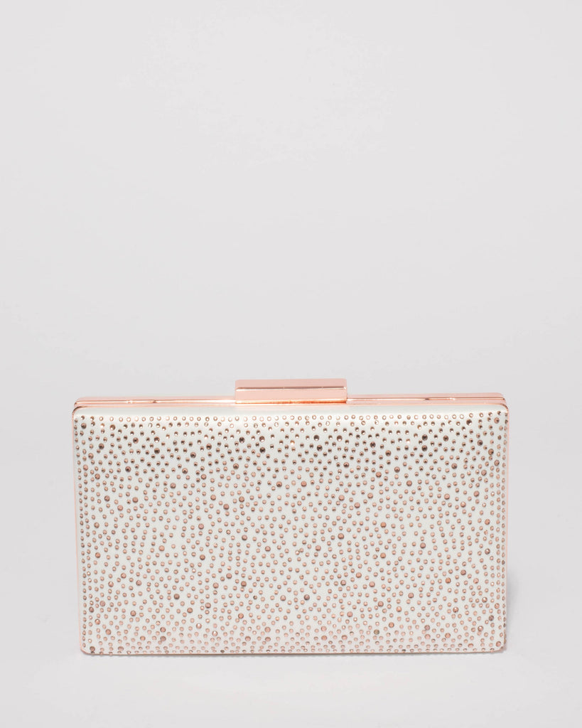 White Diamante Hardcase Clutch Bag With Rose Gold Hardware