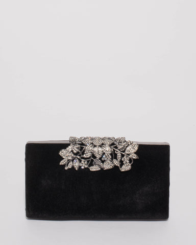 Black Floral Clip Clutch Bag With Gunmetal Hardware