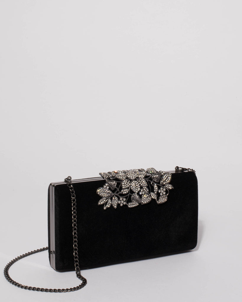 Black Floral Clip Clutch Bag With Gunmetal Hardware