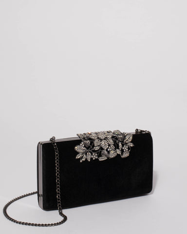 Black Floral Clip Clutch Bag With Gunmetal Hardware