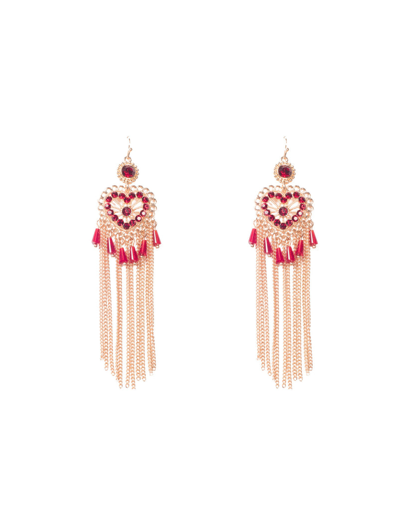 Red Gold Tone Beaded Heart With Chain Tassel Earrings