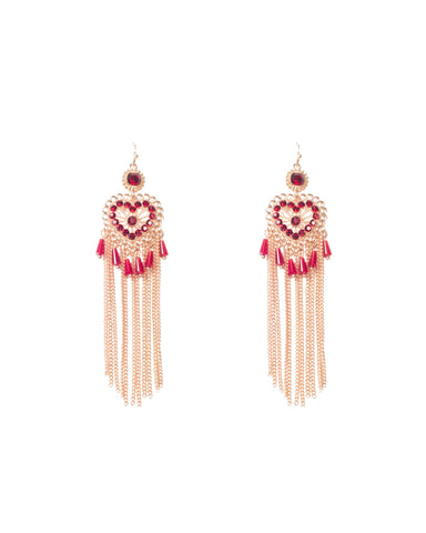 Red Gold Tone Beaded Heart With Chain Tassel Earrings