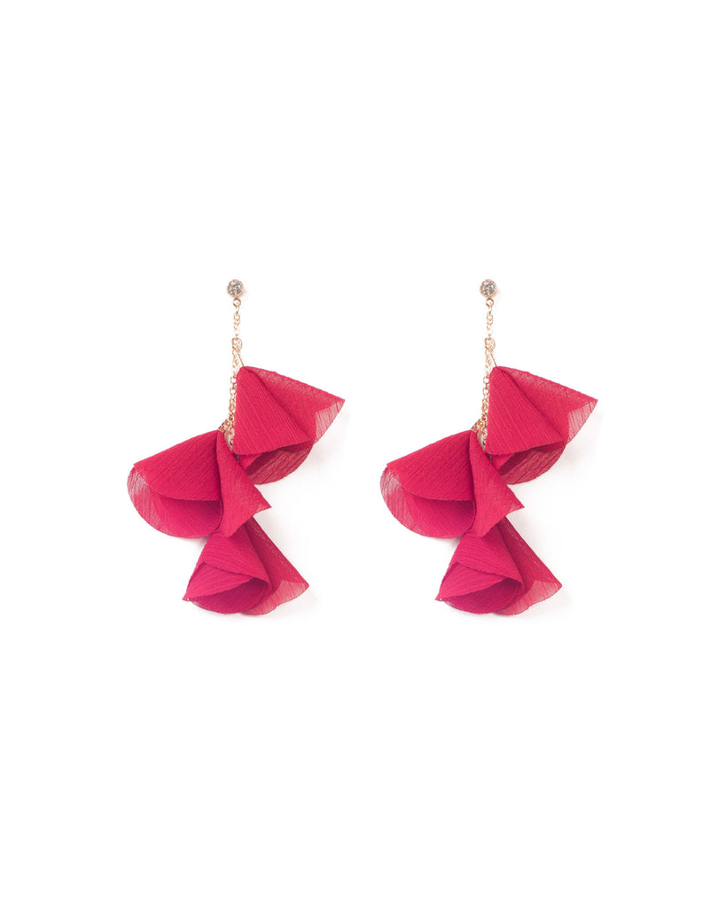 Red Gold Tone Floral Fabric Drop Statement Earrings