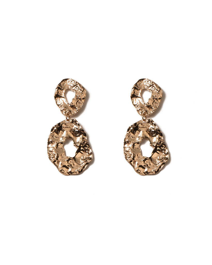 Gold Tone Organic Beaten Metal Drop Earrings