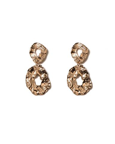 Gold Tone Organic Beaten Metal Drop Earrings