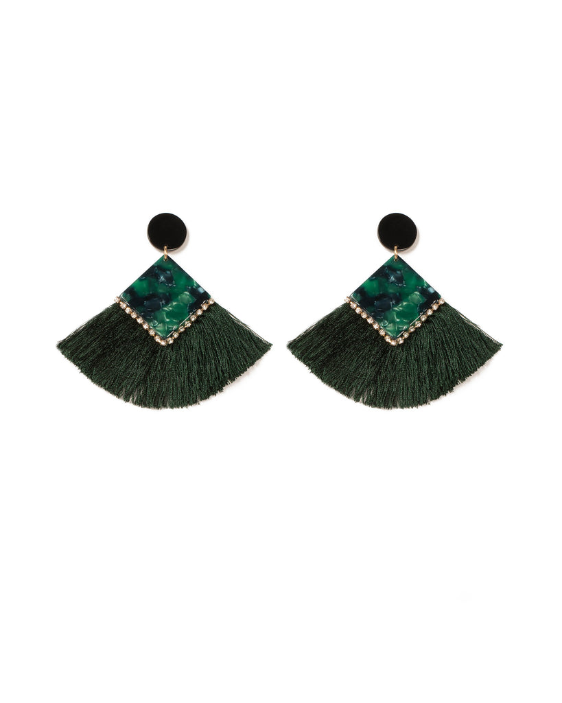 Green Gold Tone Mismatched Acrylic Tassel Earrings