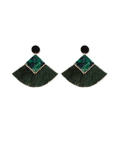 Green Gold Tone Mismatched Acrylic Tassel Earrings