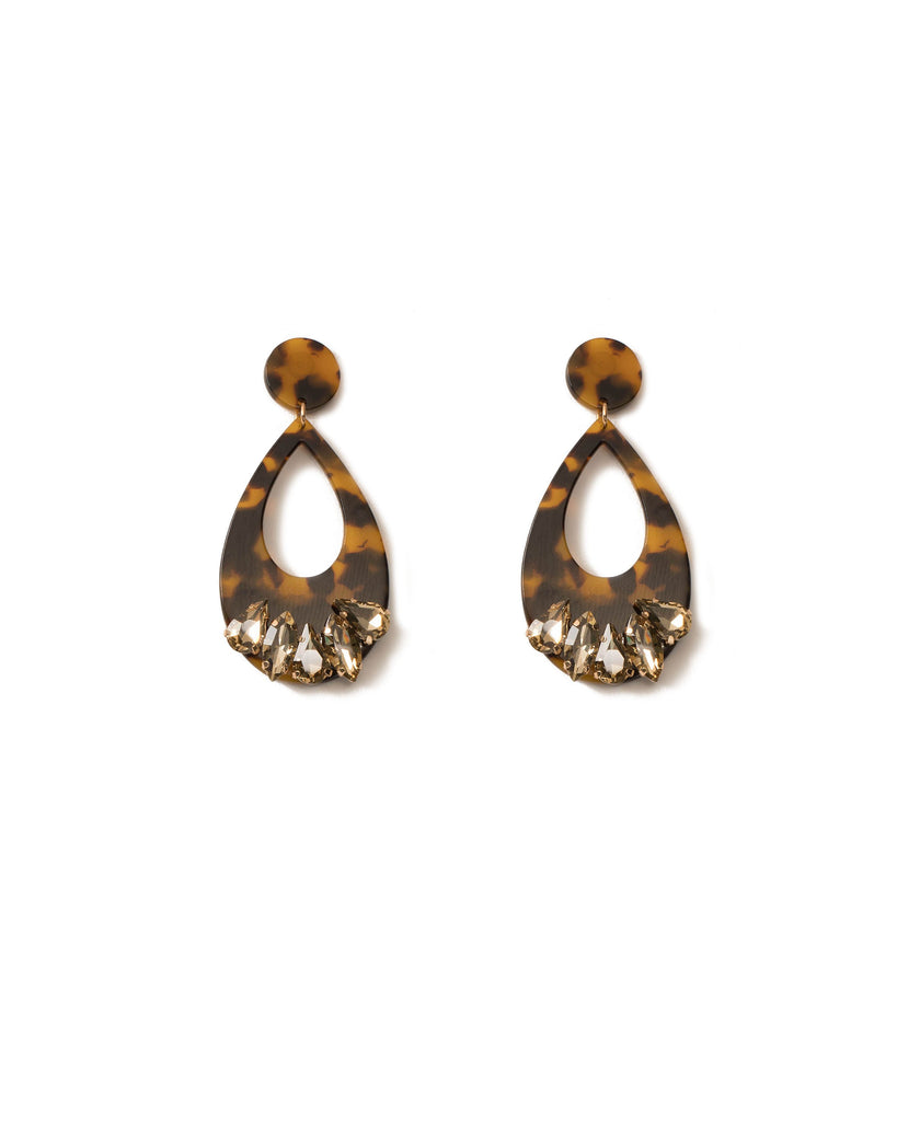 Tortoise Shell Gold Tone Acrylic Crystal Teardrop Earrings