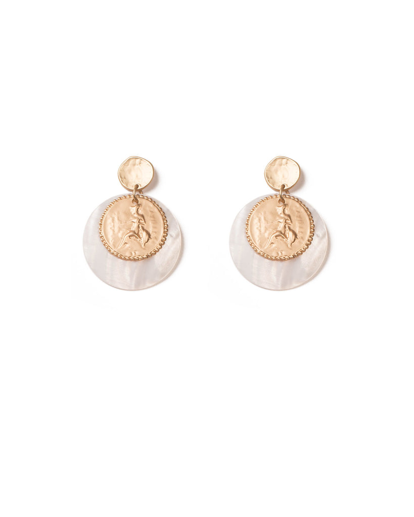 Ivory Gold Tone Shell Coin Drop Statement Earrings