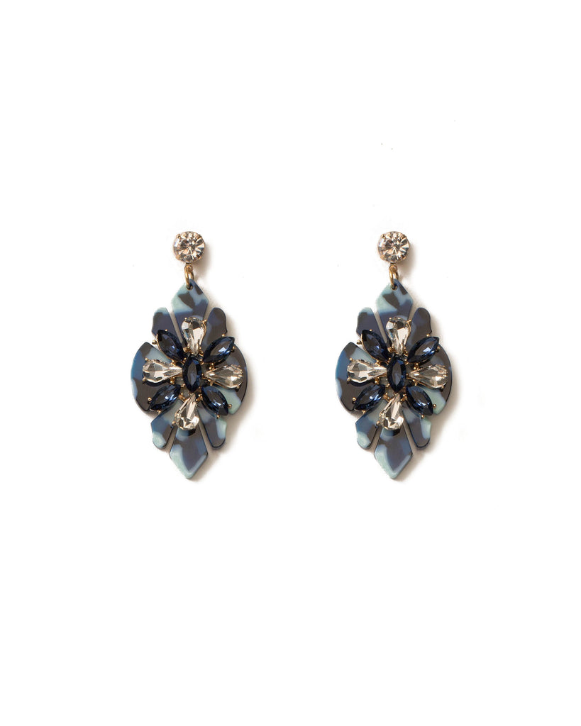 Blue Gold Tone Crystal Encrusted Acrylic Earrings