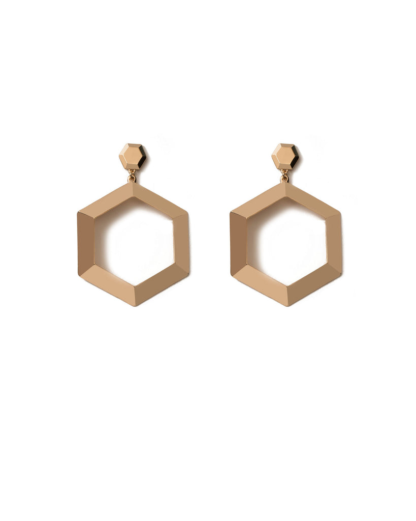 Gold Tone Oversize Metal Hexagon Drop Earrings
