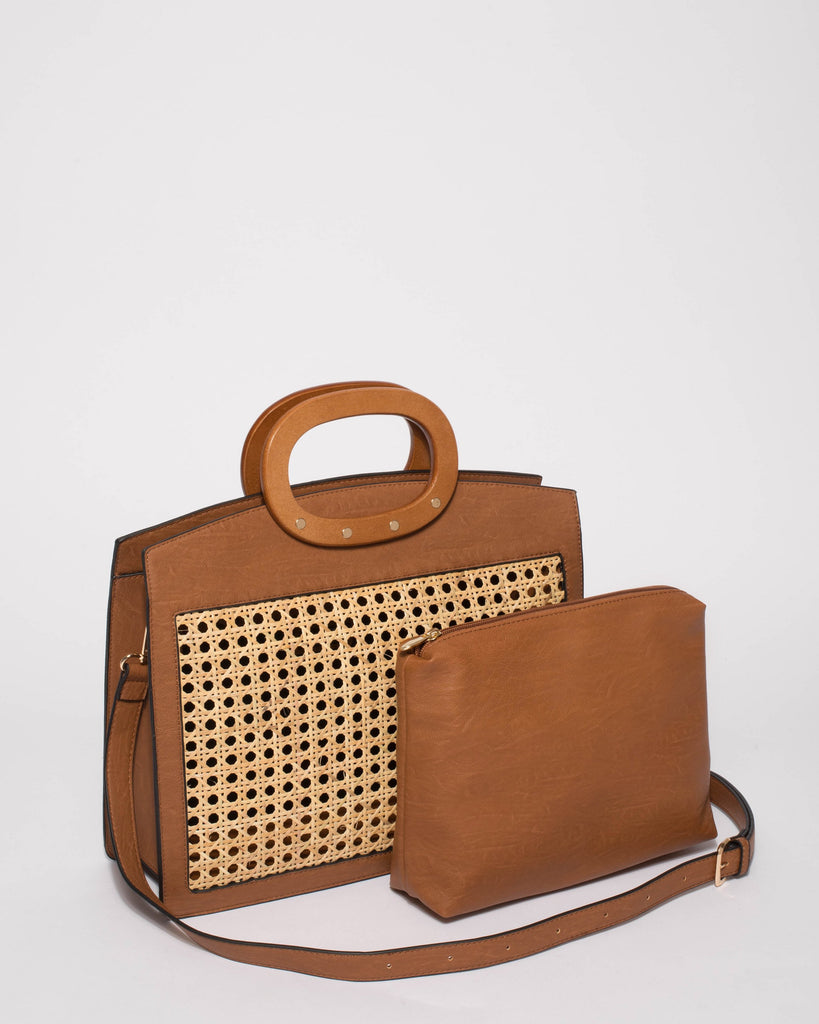 Tan Grace Weave Square Tote Bag