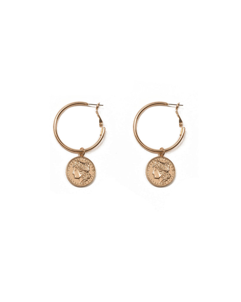 Gold Tone Hoop With Coin Pendant Earrings