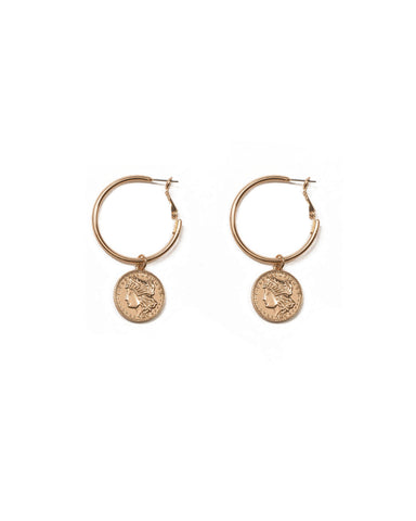 Gold Tone Hoop With Coin Pendant Earrings