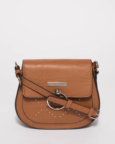 Tan Ally Stud Saddle Crossbody Bag