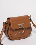 Tan Ally Stud Saddle Crossbody Bag