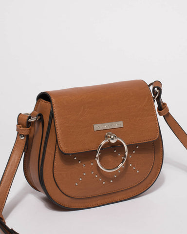 Tan Ally Stud Saddle Crossbody Bag