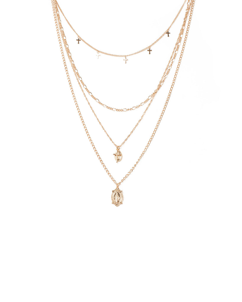 Gold Tone Cross Charm Multi Layer Necklace