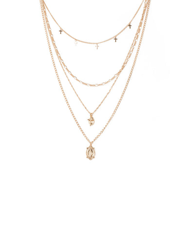 Gold Tone Cross Charm Multi Layer Necklace