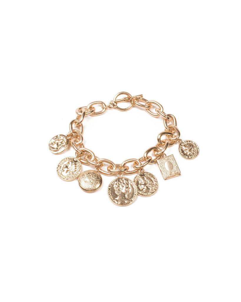Gold Tone Coin Charms Chunky Chain Bracelet