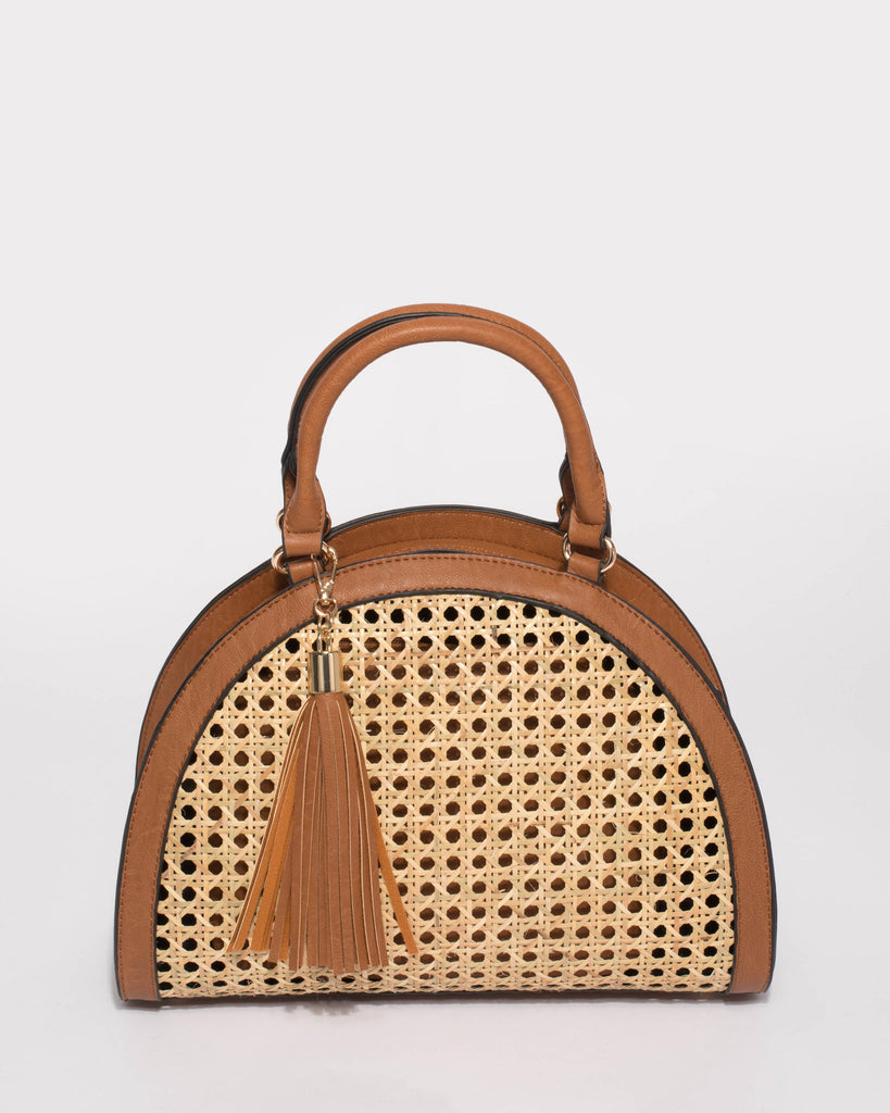 Tan Weave Maria Half Moon Tote Bag