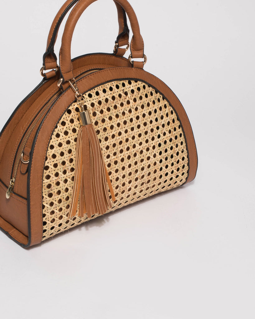 Tan Weave Maria Half Moon Tote Bag