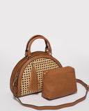 Tan Weave Maria Half Moon Tote Bag
