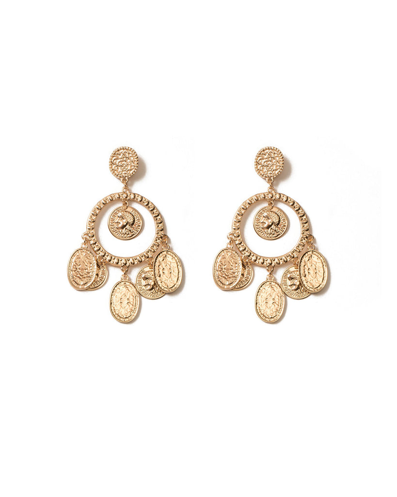 Gold Tone Beaten Metal Charms Drop Earrings