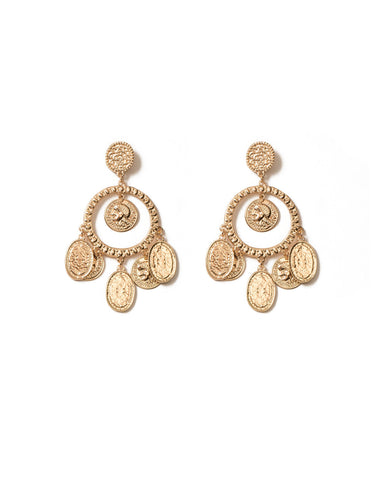 Gold Tone Beaten Metal Charms Drop Earrings