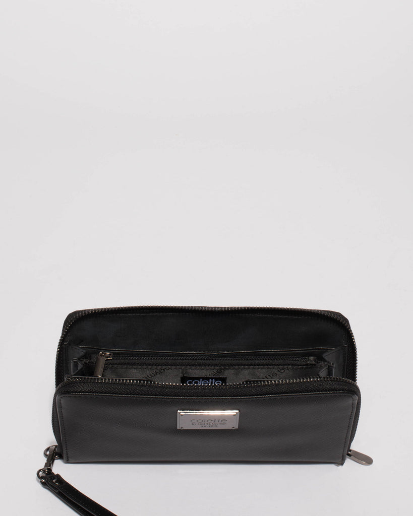 Black Zoe Wristlet Wallet With Gunmetal Hardware