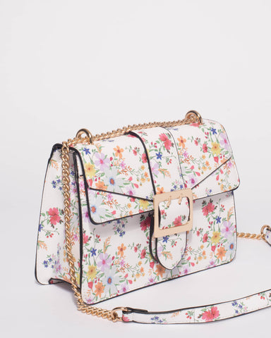 White Floral Rachel Buckle Crossbody Bag