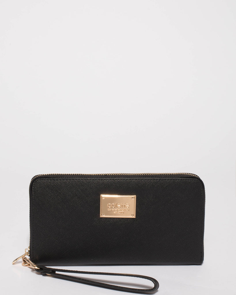 Black Zoe Wristlet Wallet With Gold Hardware