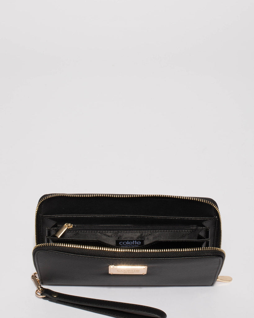 Black Zoe Wristlet Wallet With Gold Hardware