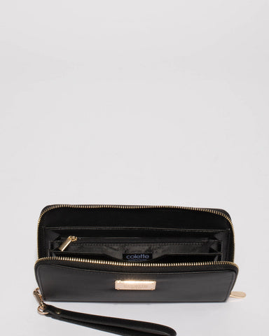Black Zoe Wristlet Wallet With Gold Hardware