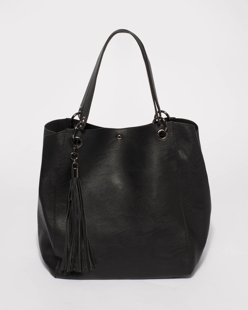 Black Sahara Slouch Tote Bag With Gunmetal Hardware