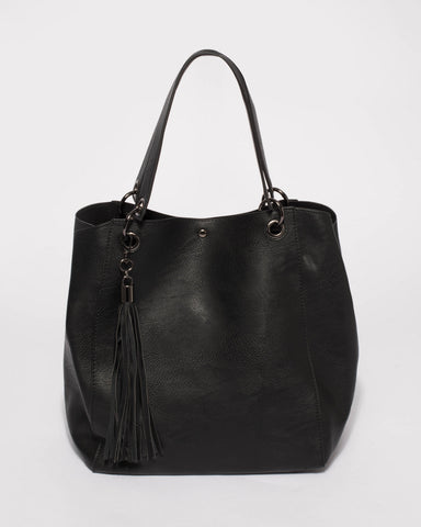 Black Sahara Slouch Tote Bag With Gunmetal Hardware