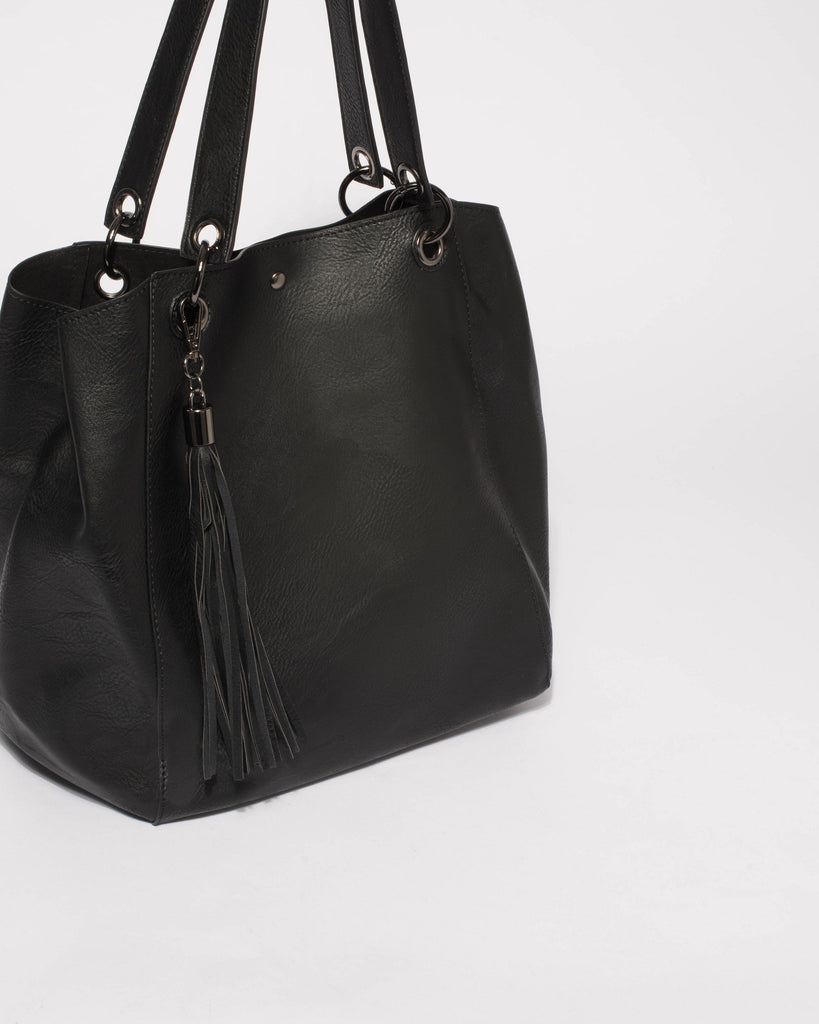 Black Sahara Slouch Tote Bag With Gunmetal Hardware