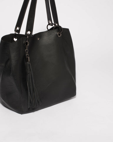 Black Sahara Slouch Tote Bag With Gunmetal Hardware
