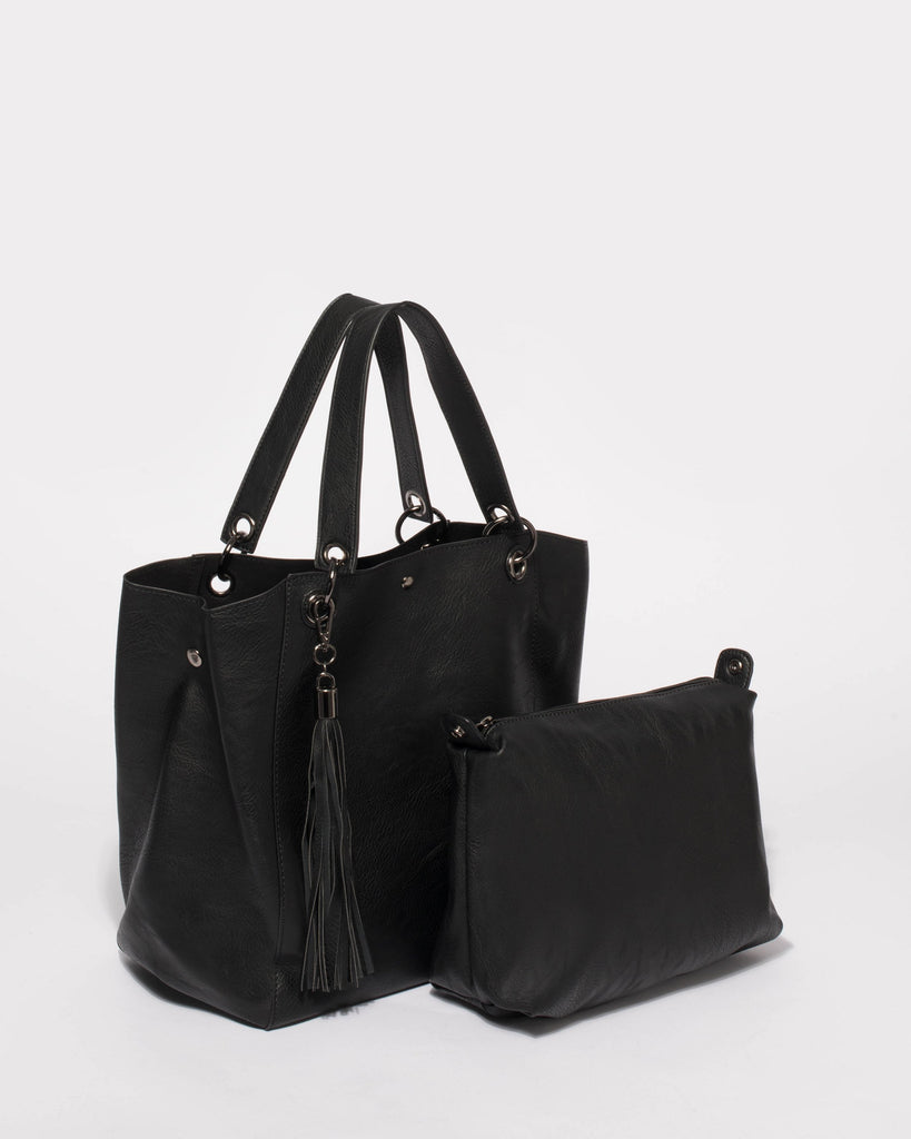 Black Sahara Slouch Tote Bag With Gunmetal Hardware