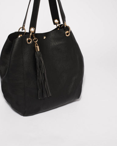 Black Sahara Slouch Tote Bag With Gold Hardware1