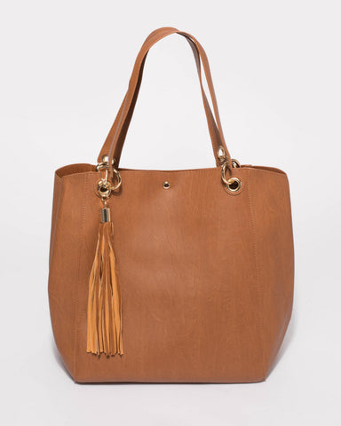 Tan Sahara Slouch Tote Bag with Gold Hardware