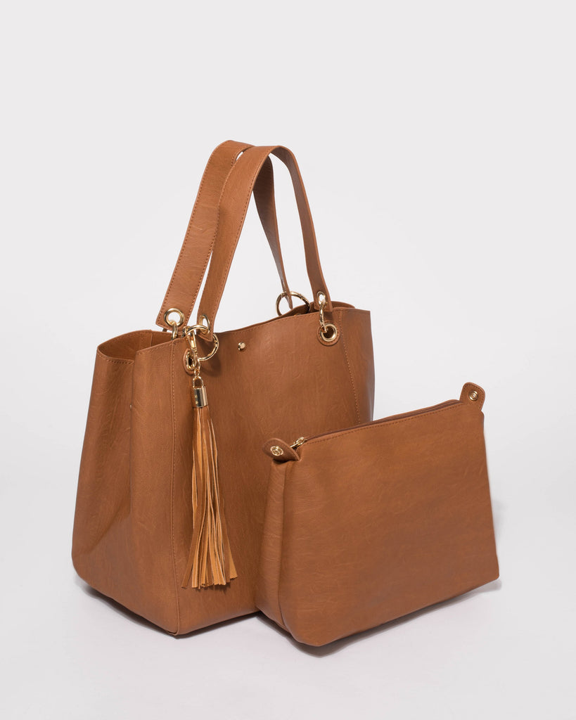 Tan Sahara Slouch Tote Bag with Gold Hardware