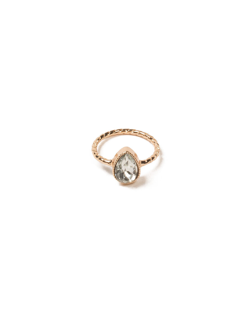 Crystal Gold Tone Pear Stone Textured Band Ring - Small