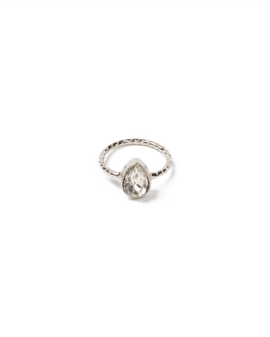 Crystal Silver Tone Pear Stone Textured Band Ring - Large