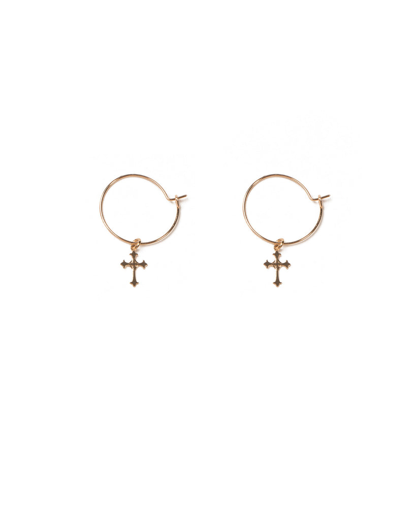Gold Tone Fine Hoop Cross Earrings