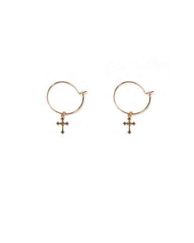 Gold Tone Fine Hoop Cross Earrings