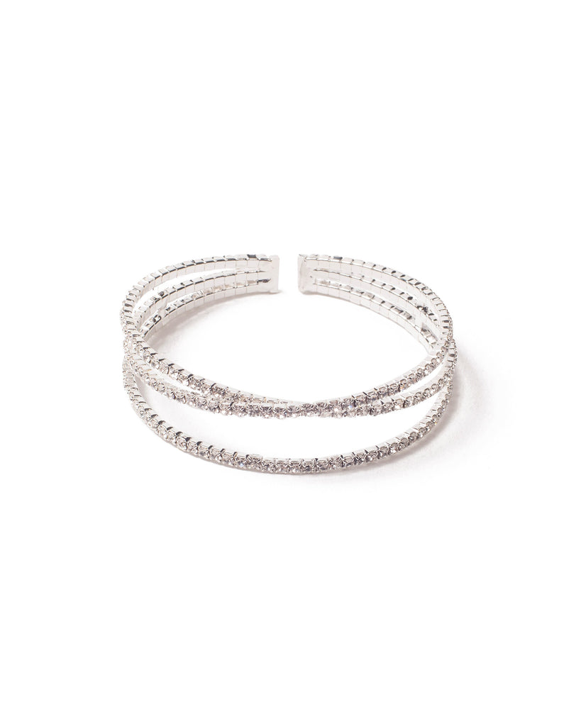 Crystal Silver Tone Diamante Crossed Flexi Cuff Wristwear