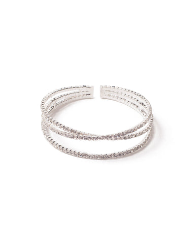 Crystal Silver Tone Diamante Crossed Flexi Cuff Wristwear